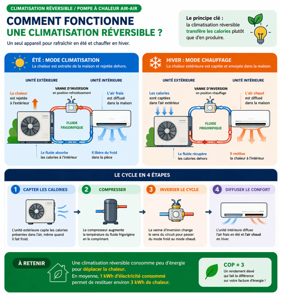 Fonctionnement d'une climatisation réversible